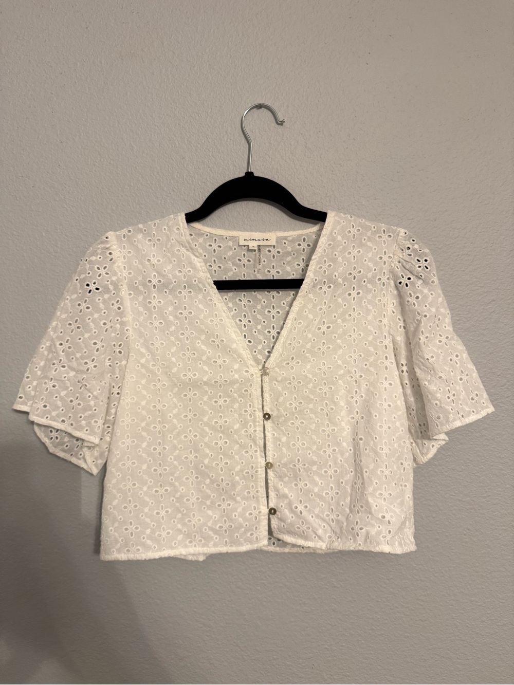 White Eyelet Button-Front V-Neck Crop Blouse